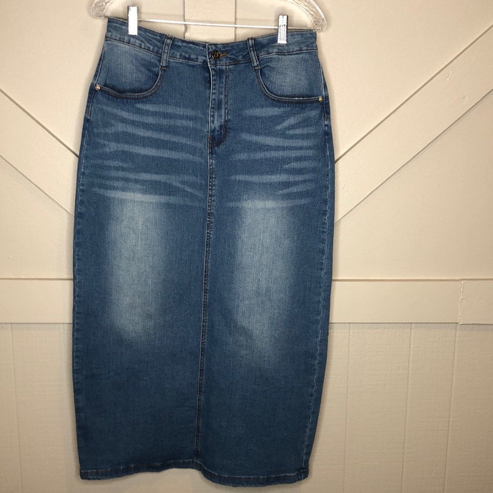 Y2K Jeans Women’s 14 Blue Denim Stretch Midi Skirt Back Split Pockets Belt Loops
